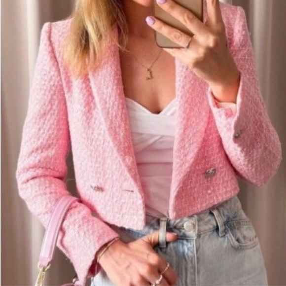 Zara Tweed Textured Structured Weave Cropped Blazer Pink Size Large Valentines - Picture 1 of 9